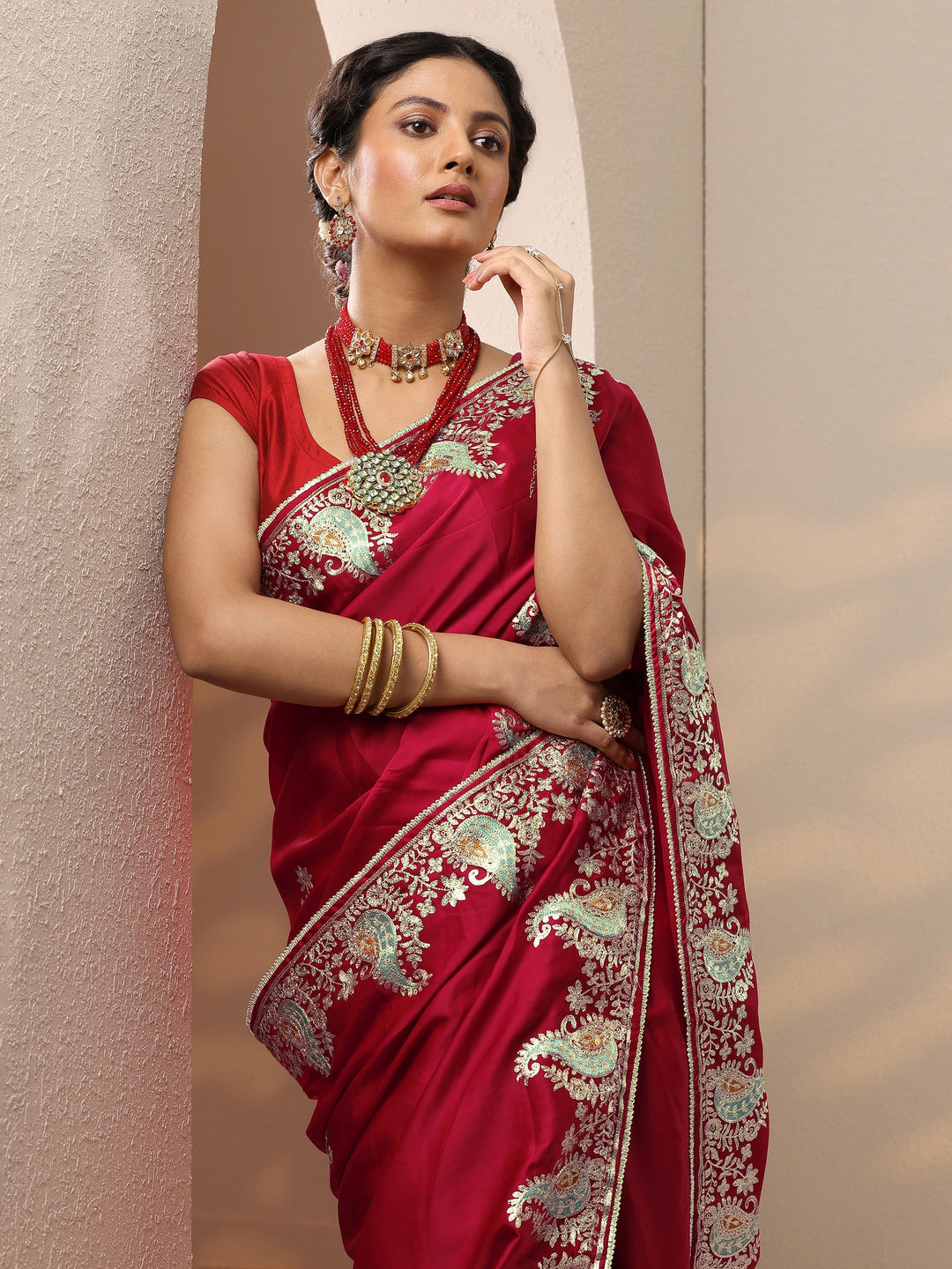 Red Embroidered Satin Saree With Unstitched Blouse Piece 