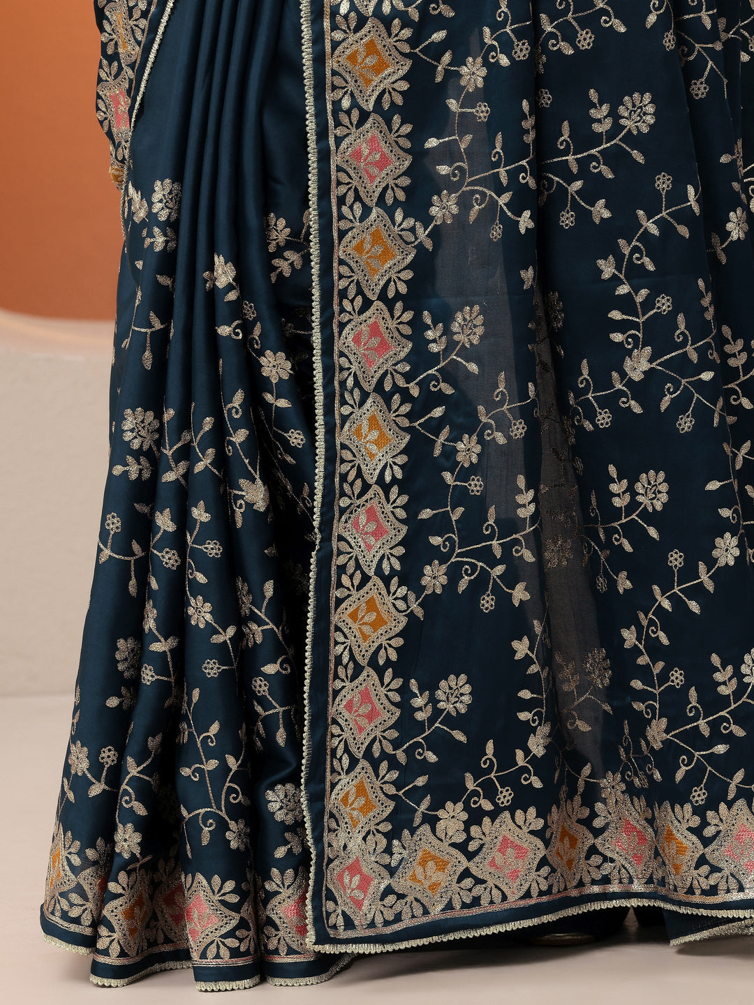  Blue Embroidered Satin Saree With Unstitched Blouse Piece 