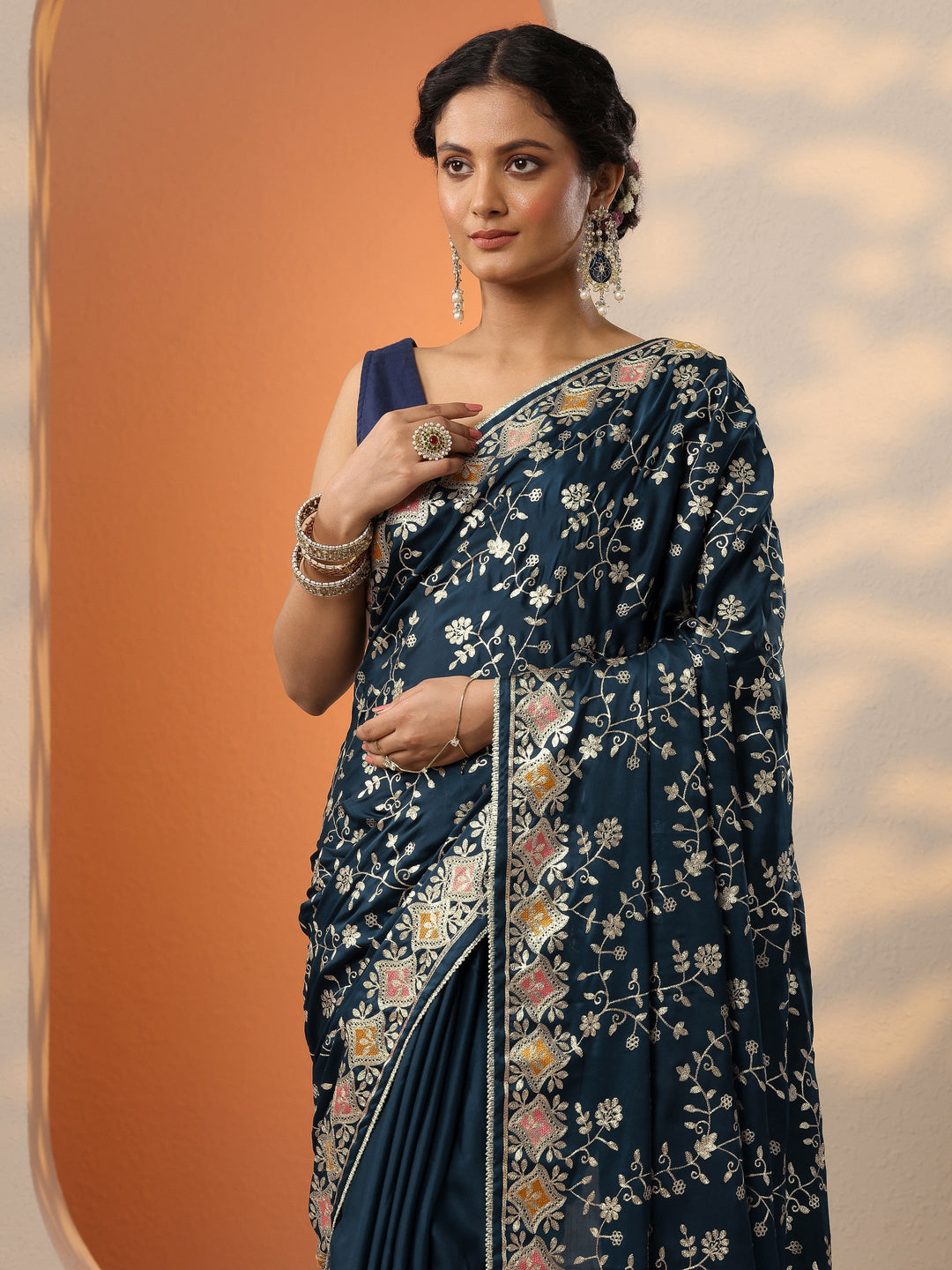  Blue Embroidered Satin Saree With Unstitched Blouse Piece 