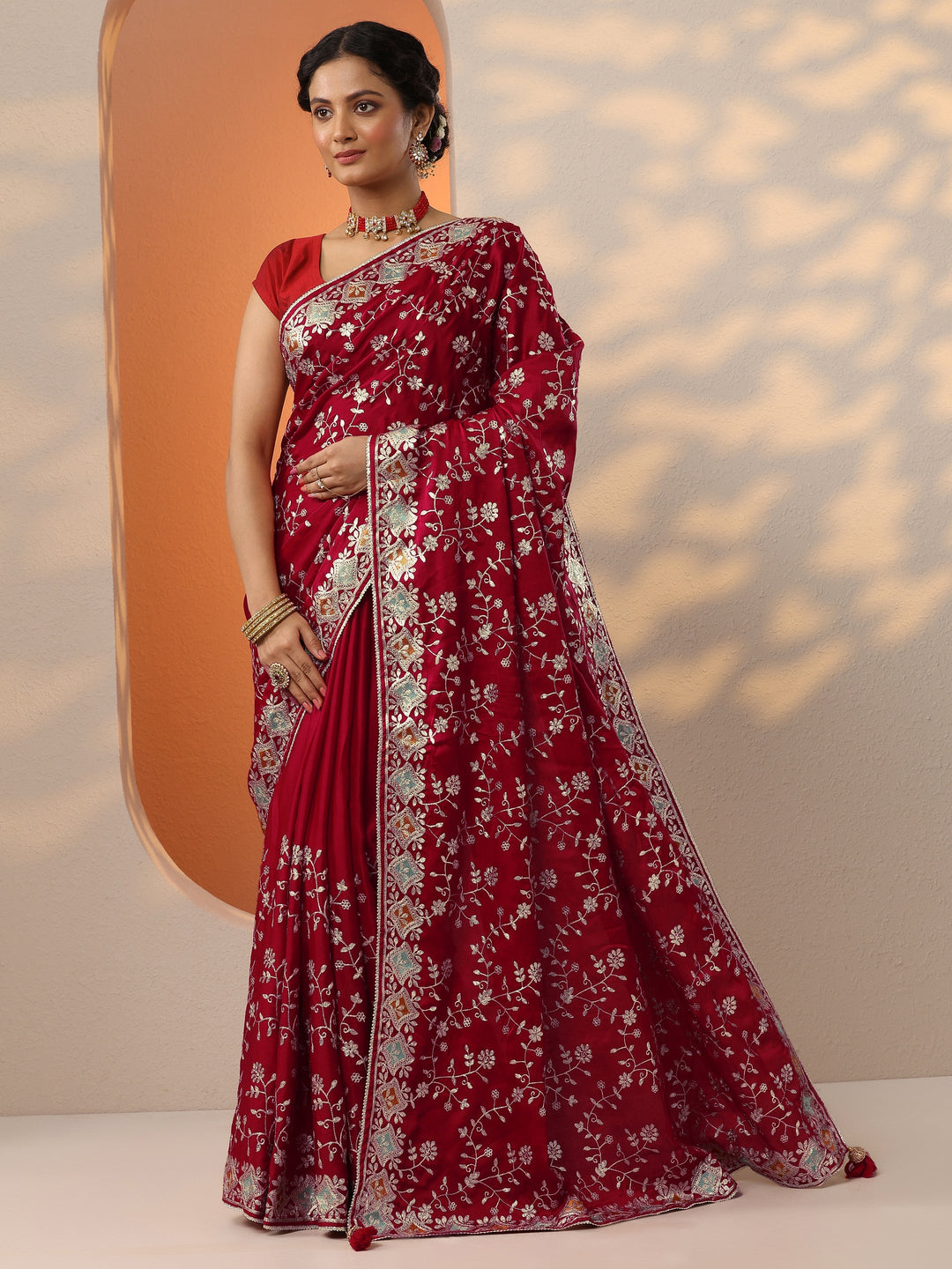  Red Embroidered Satin Saree With Unstitched Blouse Piece 