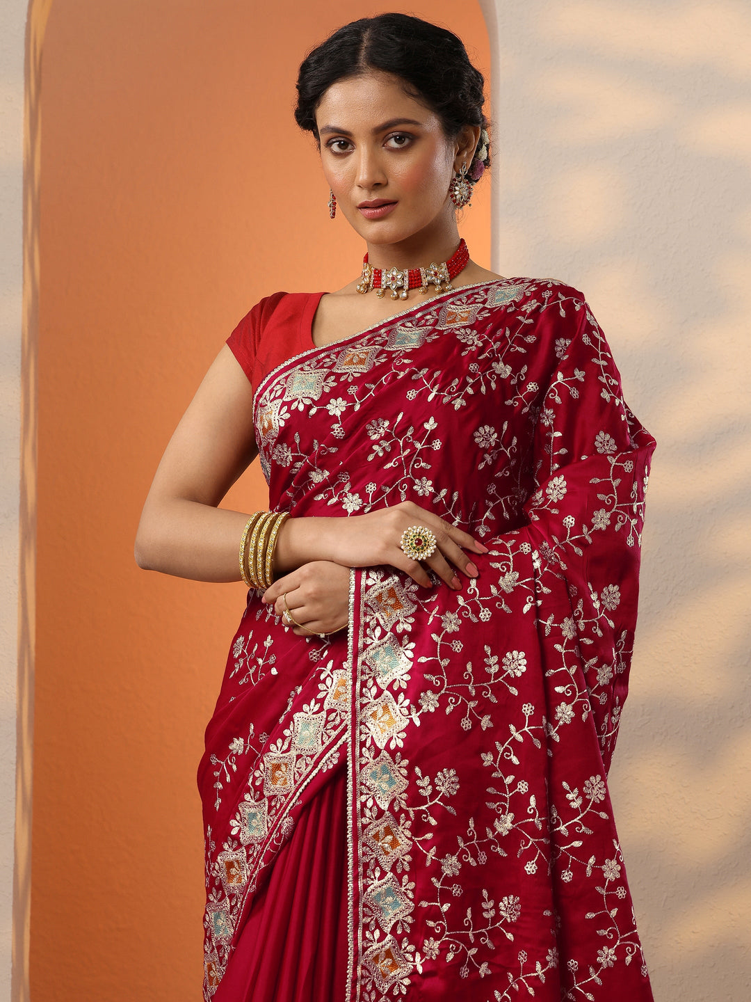  Red Embroidered Satin Saree With Unstitched Blouse Piece 