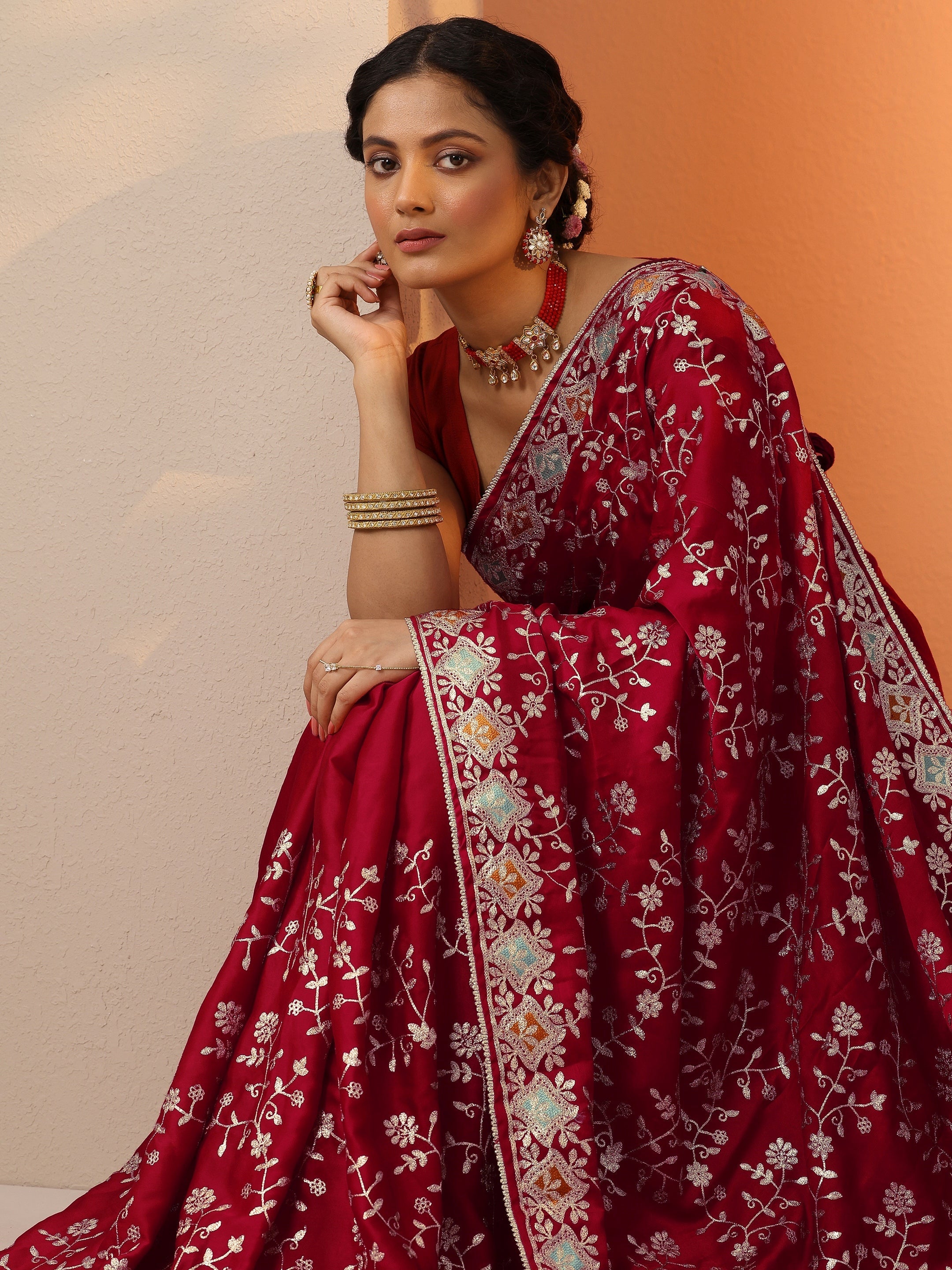 libas Red Embroidered Satin Saree With Unstitched Blouse Piece-picture-20