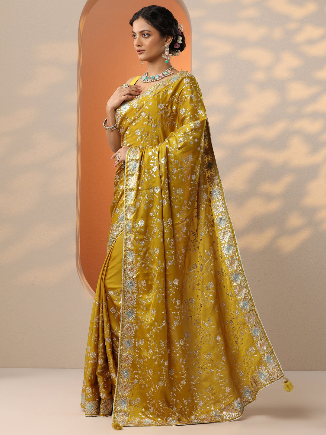  Mustard Embroidered Satin Saree With Unstitched Blouse Piece 