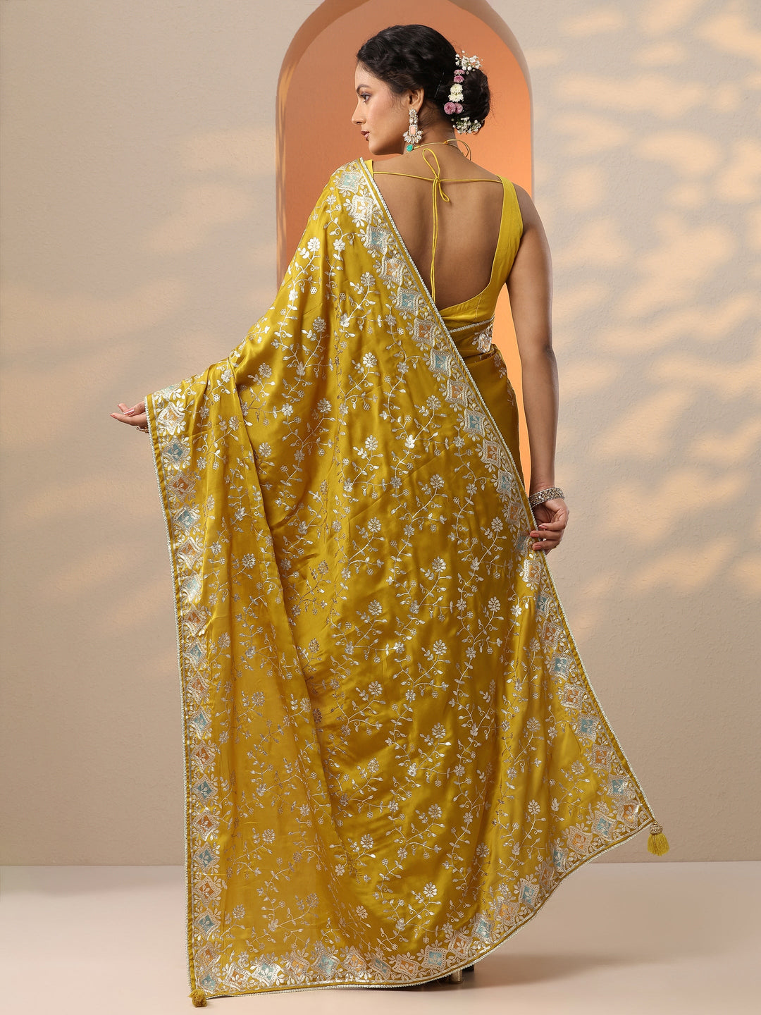  Mustard Embroidered Satin Saree With Unstitched Blouse Piece 
