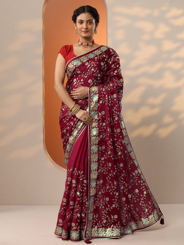 Maroon Embroidered Satin Saree With Unstitched Blouse Piece