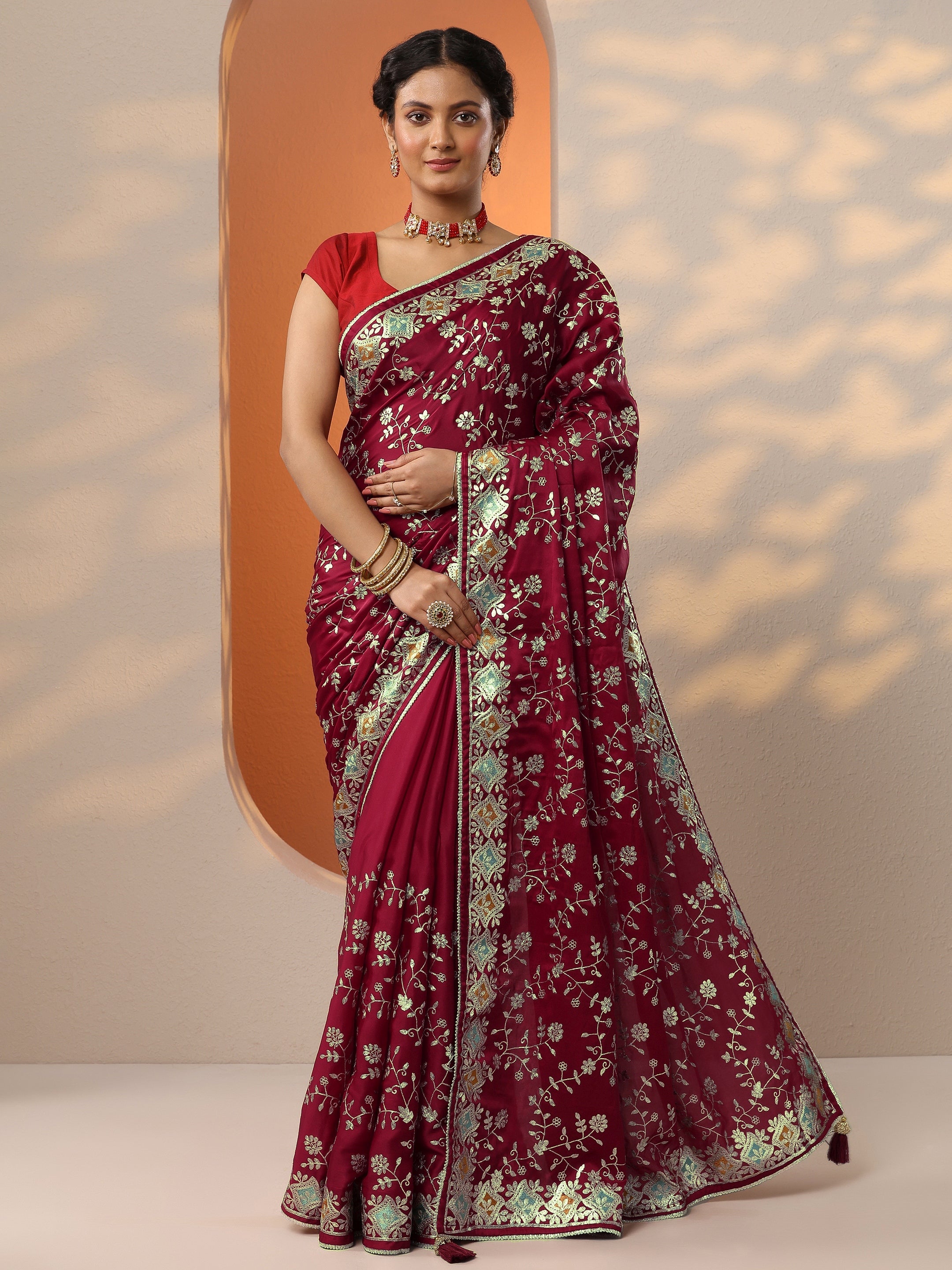 libas Maroon Embroidered Banarasi Satin Saree With Unstitched Blouse Piece-picture-66