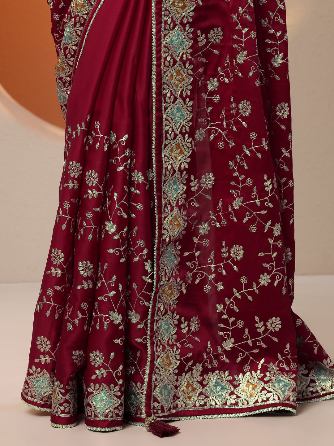  Maroon Embroidered Banarasi Satin Saree With Unstitched Blouse Piece 