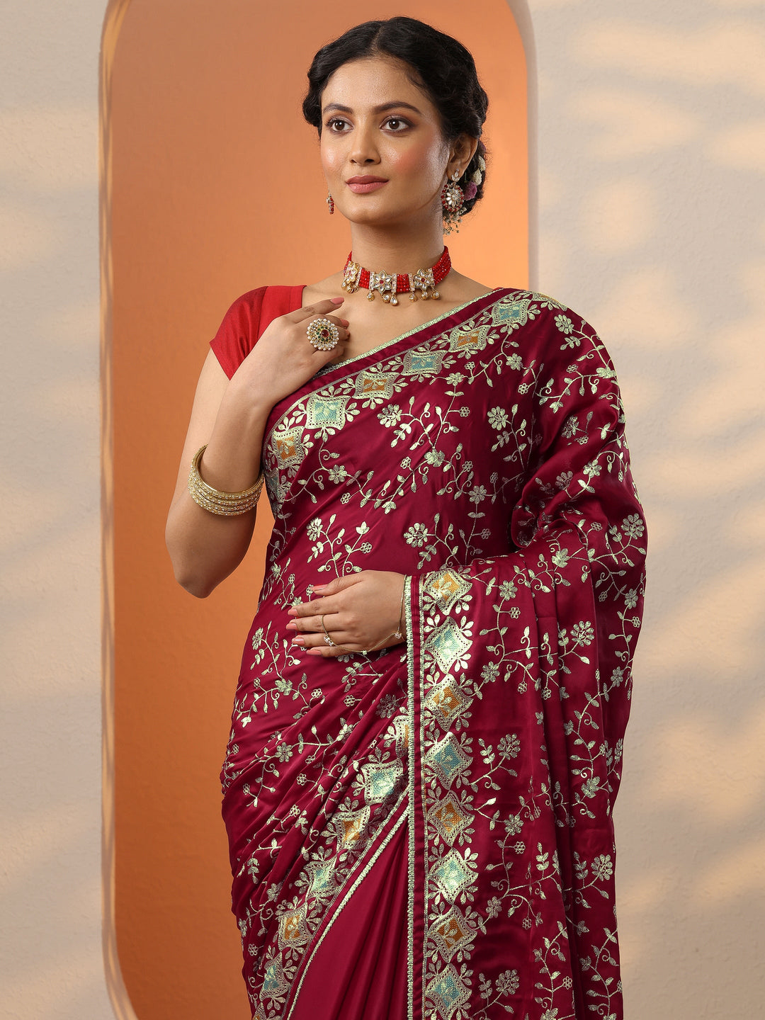  Maroon Embroidered Banarasi Satin Saree With Unstitched Blouse Piece 