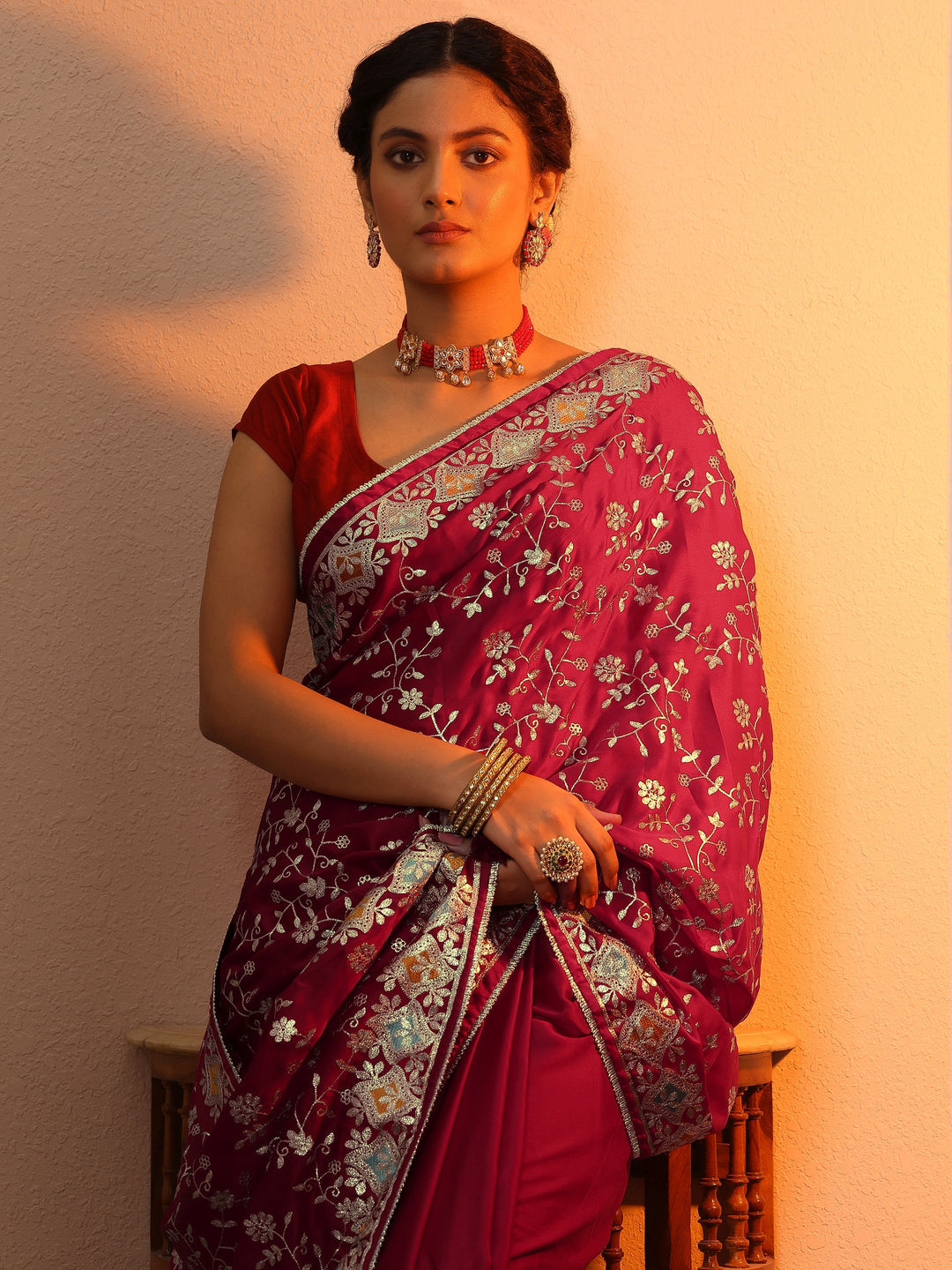  Maroon Embroidered Banarasi Satin Saree With Unstitched Blouse Piece 