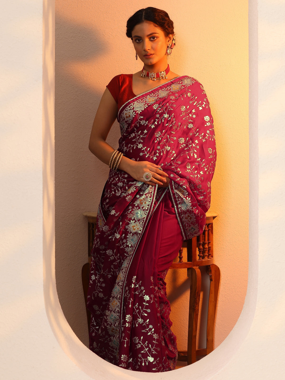  Maroon Embroidered Banarasi Satin Saree With Unstitched Blouse Piece 