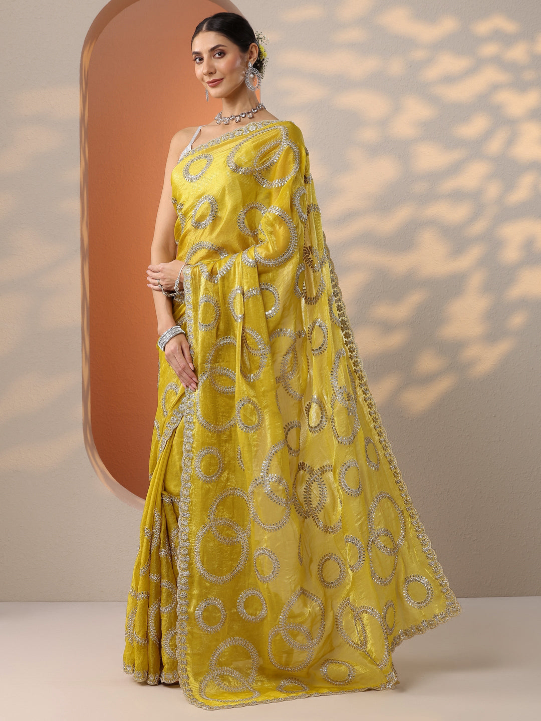  Yellow Embroidered Organza Saree With Unstitched Blouse Piece 