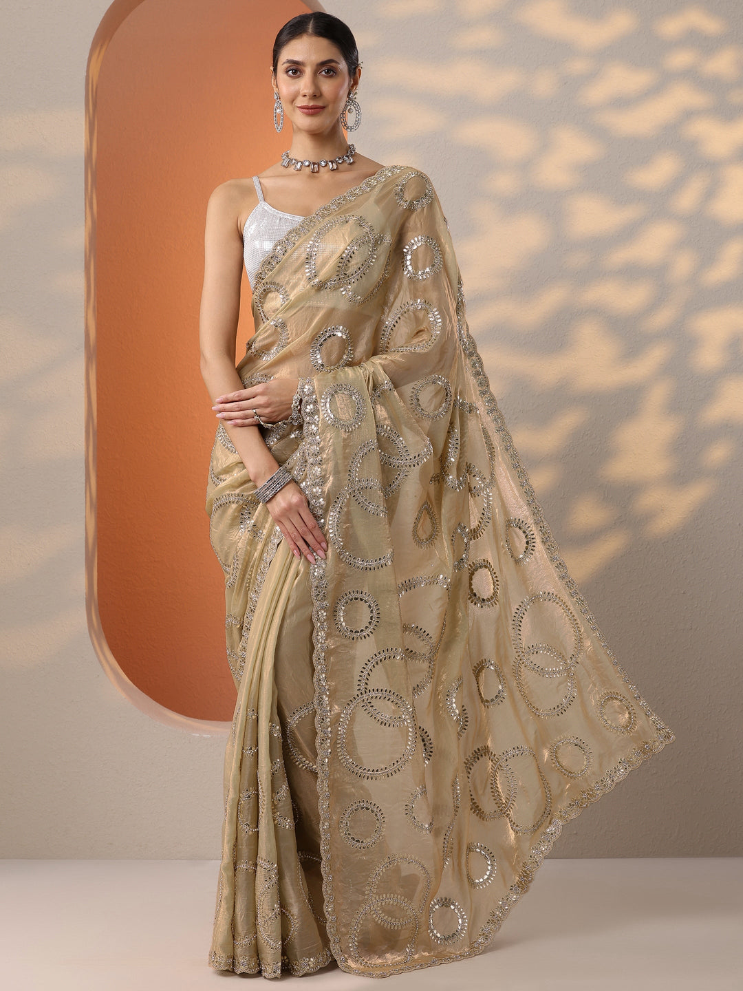  Gold Embroidered Organza Saree With Unstitched Blouse Piece 