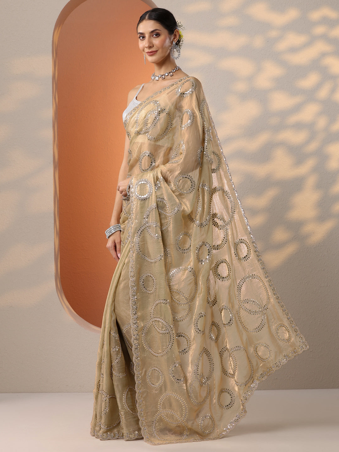  Gold Embroidered Organza Saree With Unstitched Blouse Piece 