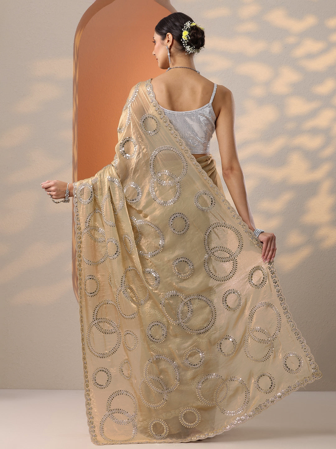 Gold Embroidered Organza Saree With Unstitched Blouse Piece 