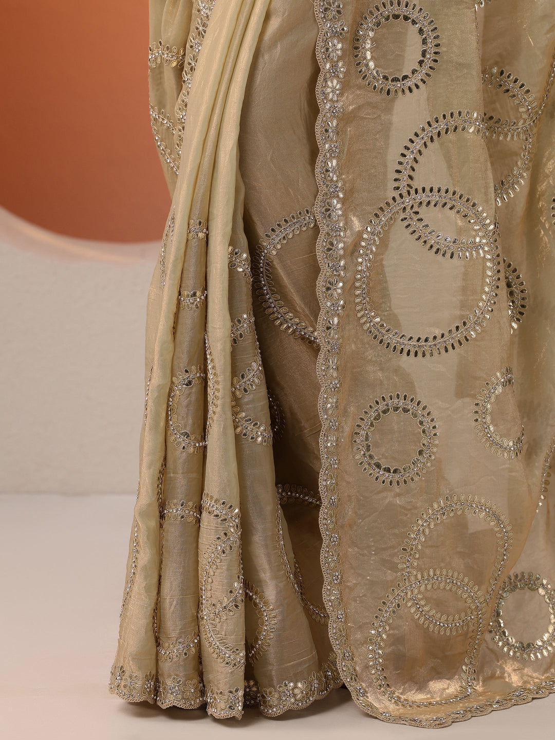  Gold Embroidered Organza Saree With Unstitched Blouse Piece 