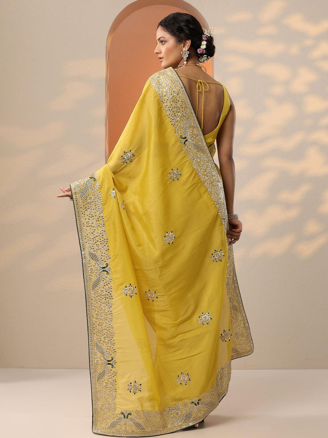  Mustard Embroidered Silk Blend Saree With Unstitched Blouse Piece 