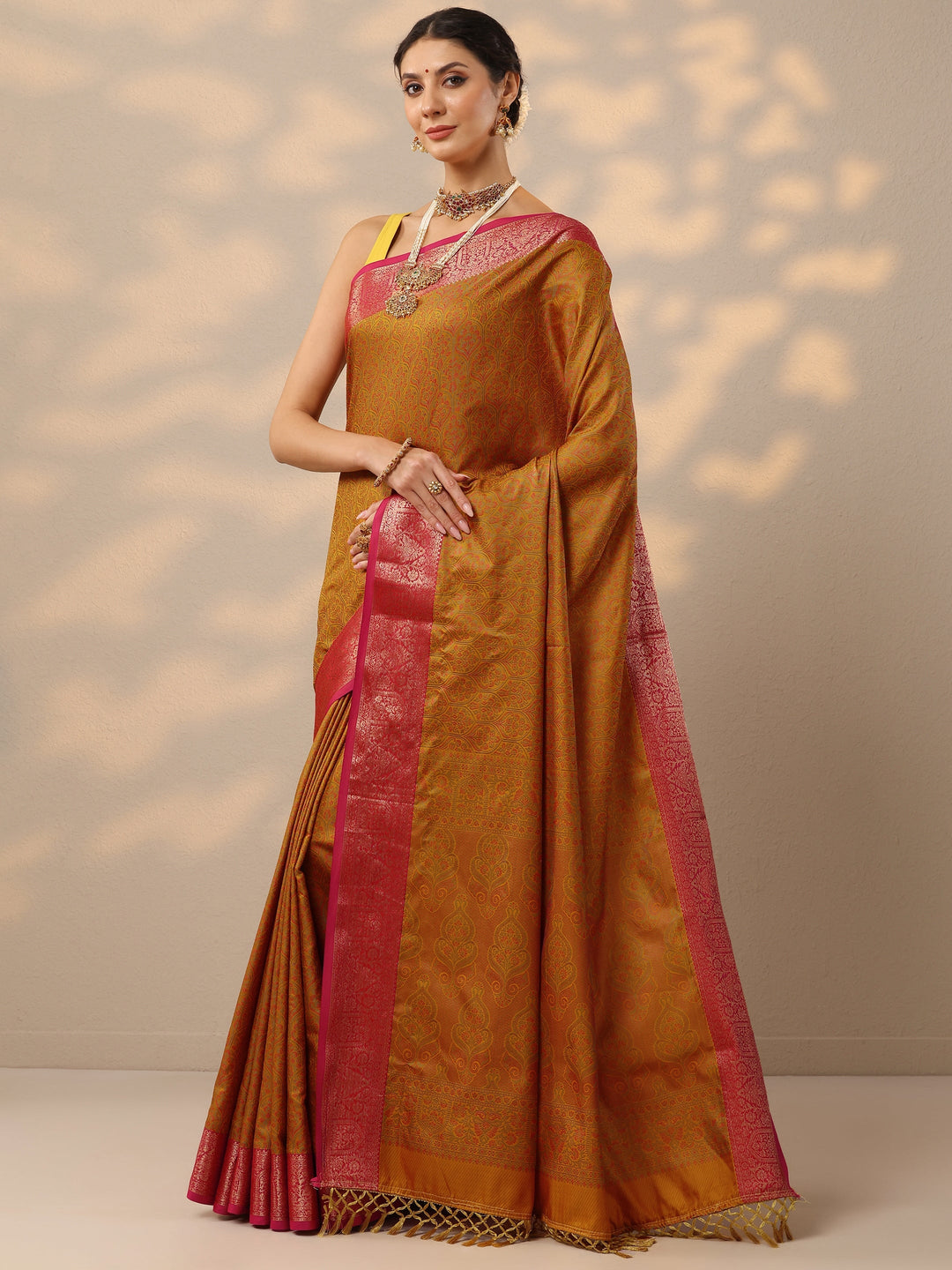 Mustard Woven Design Banarasi Silk Blend Saree With Unstitched Blouse Piece 