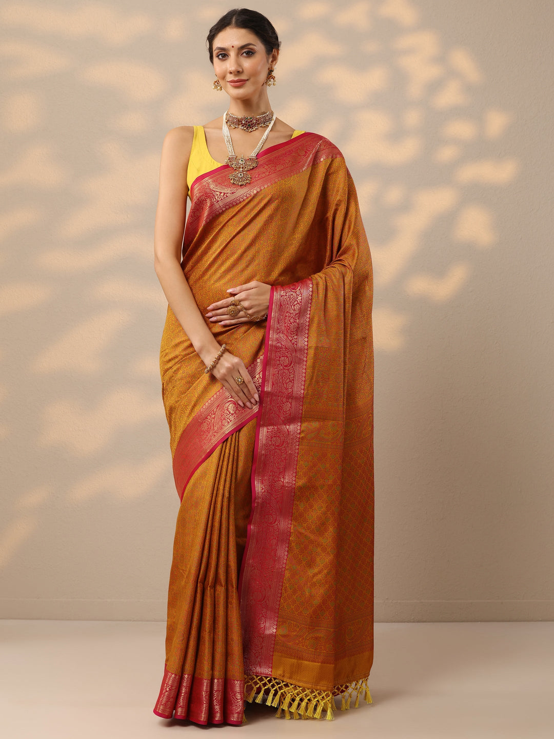  Mustard Woven Design Banarasi Silk Blend Saree With Unstitched Blouse Piece 
