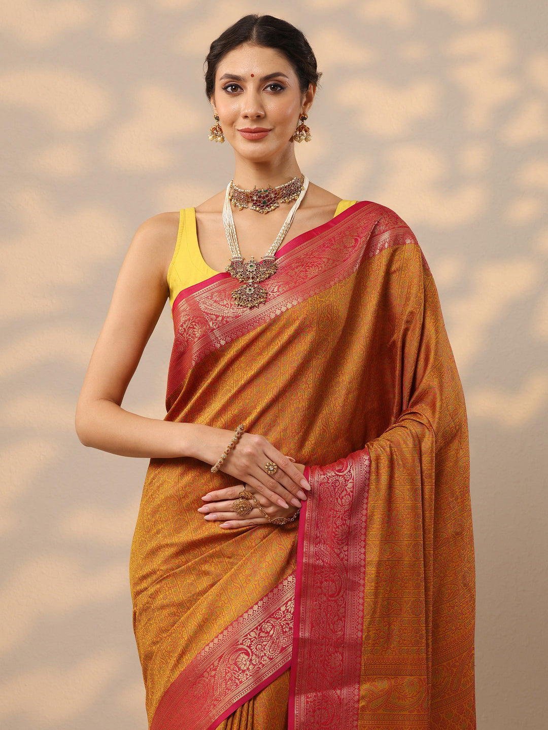  Mustard Woven Design Banarasi Silk Blend Saree With Unstitched Blouse Piece 