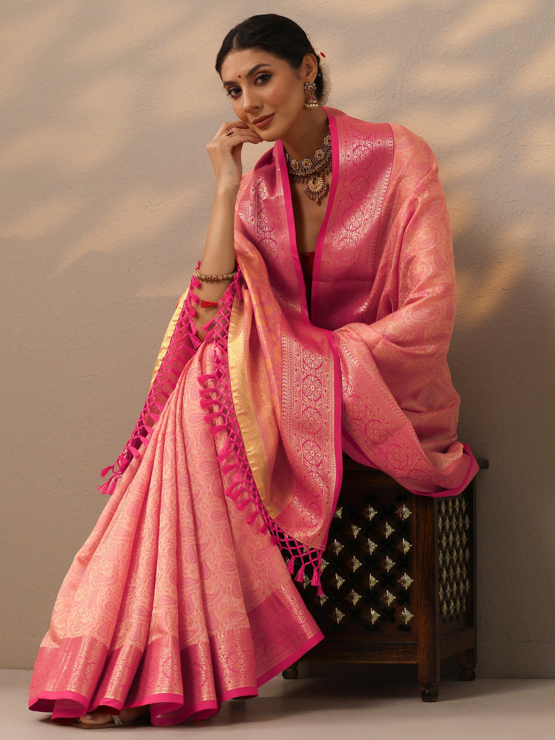 Peach Woven Design Banarasi Silk Blend Saree With Unstitched Blouse Piece