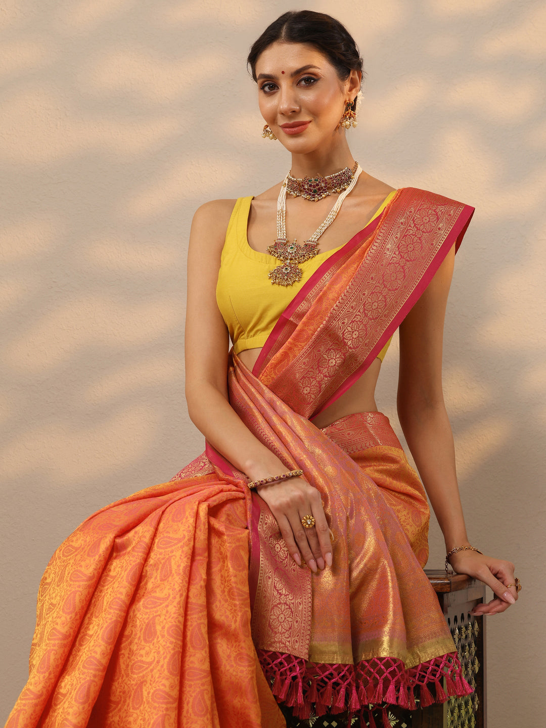 Mustard Woven Design Banarasi Silk Blend Saree With Unstitched Blouse Piece