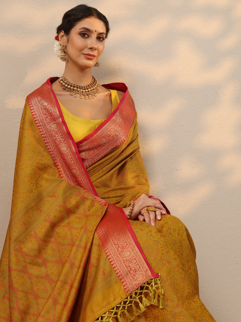 Libas Mustard Woven Design Silk Blend Kanjeevaram Saree With Unstitched Blouse Piece