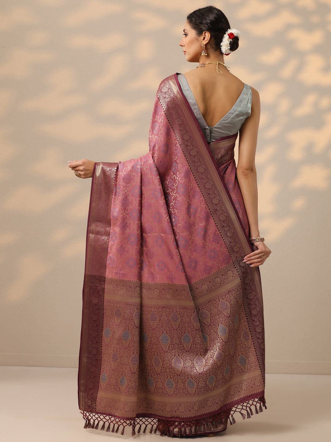  Mauve Woven Design Banarasi Silk Blend Saree With Unstitched Blouse Piece 