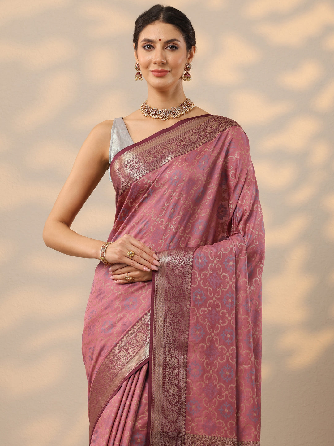  Mauve Woven Design Banarasi Silk Blend Saree With Unstitched Blouse Piece 