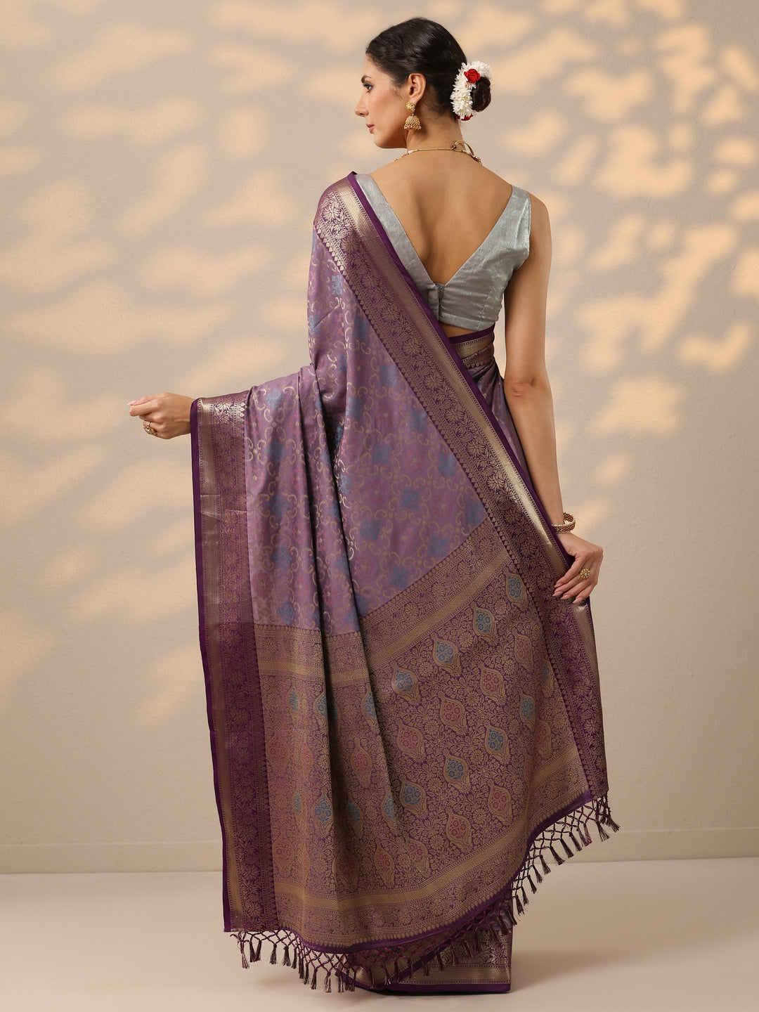  Lavender Woven Design Banarasi Silk Blend Saree With Unstitched Blouse Piece 