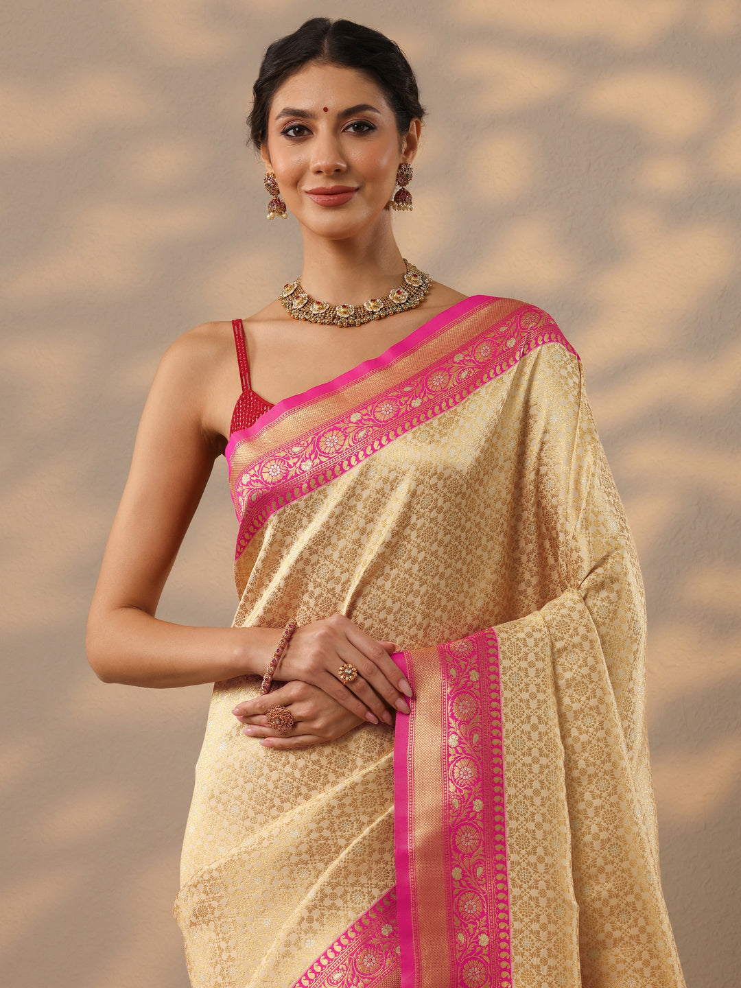  Beige Woven Design Banarasi Silk Blend Saree With Unstitched Blouse Piece 