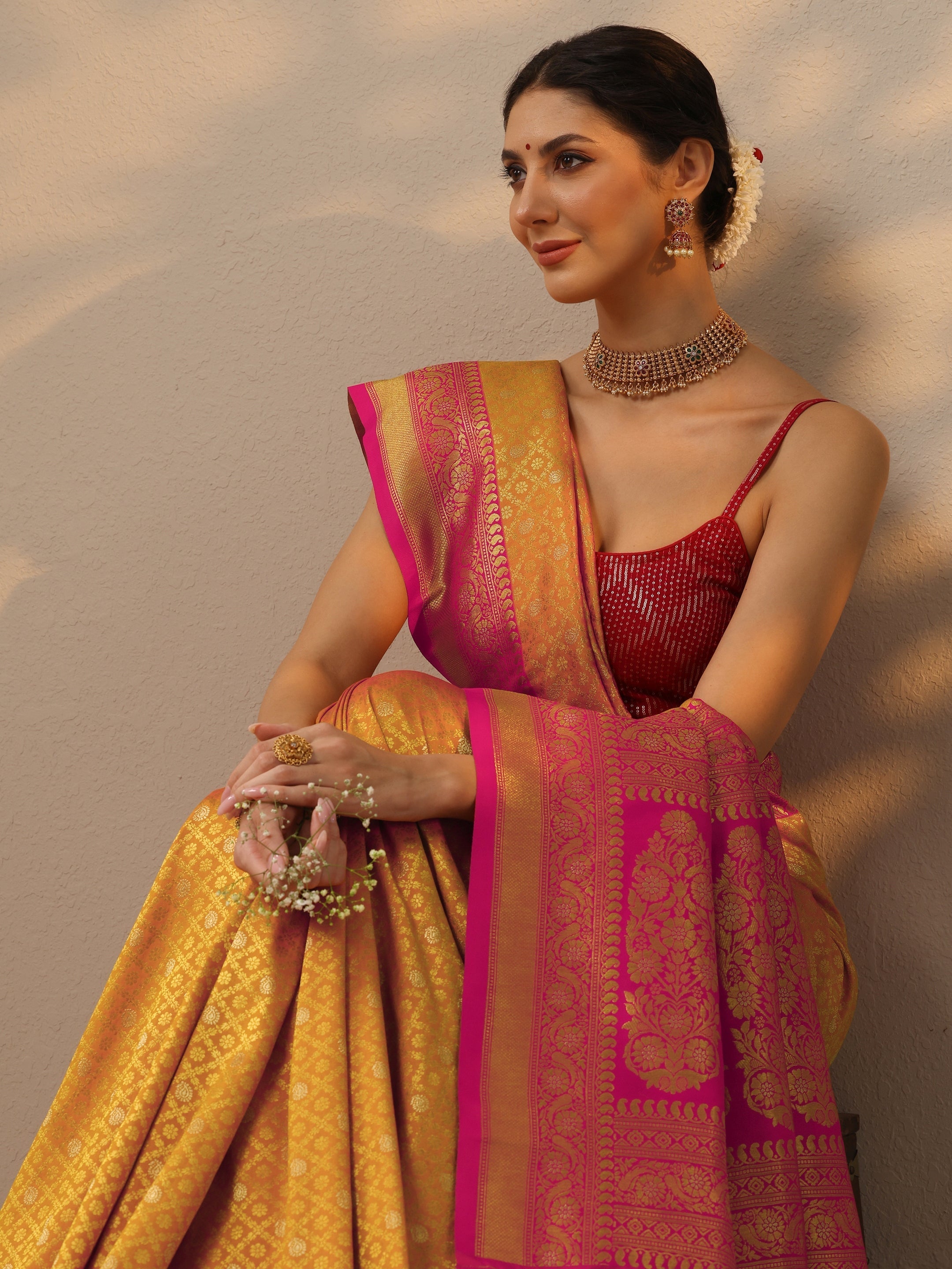 Orange Woven Design Silk Blend Kanjeevaram Saree With Unstitched Blouse Piece-image-40