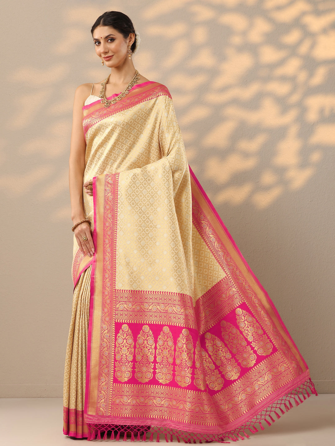  Beige Woven Design Banarasi Silk Blend Saree With Unstitched Blouse Piece 