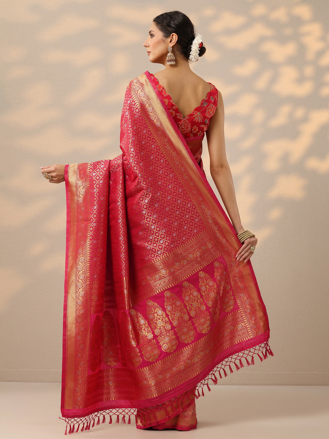  Pink Woven Design Banarasi Silk Blend Saree With Unstitched Blouse Piece 