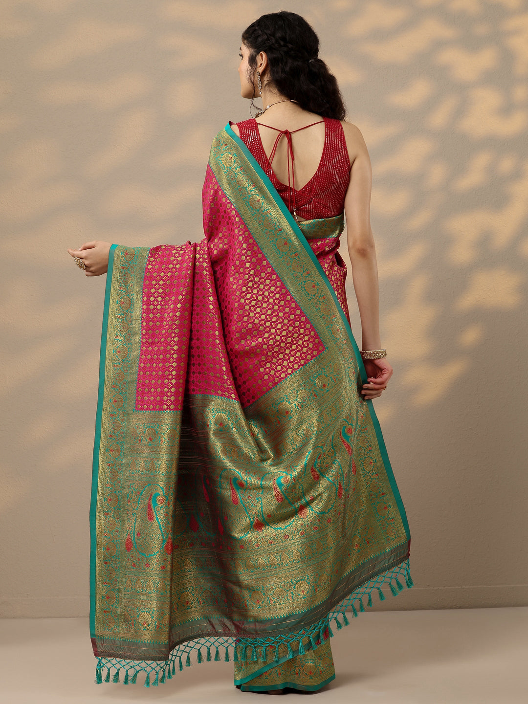  Pink Woven Design Banarasi Silk Blend Saree With Unstitched Blouse Piece 
