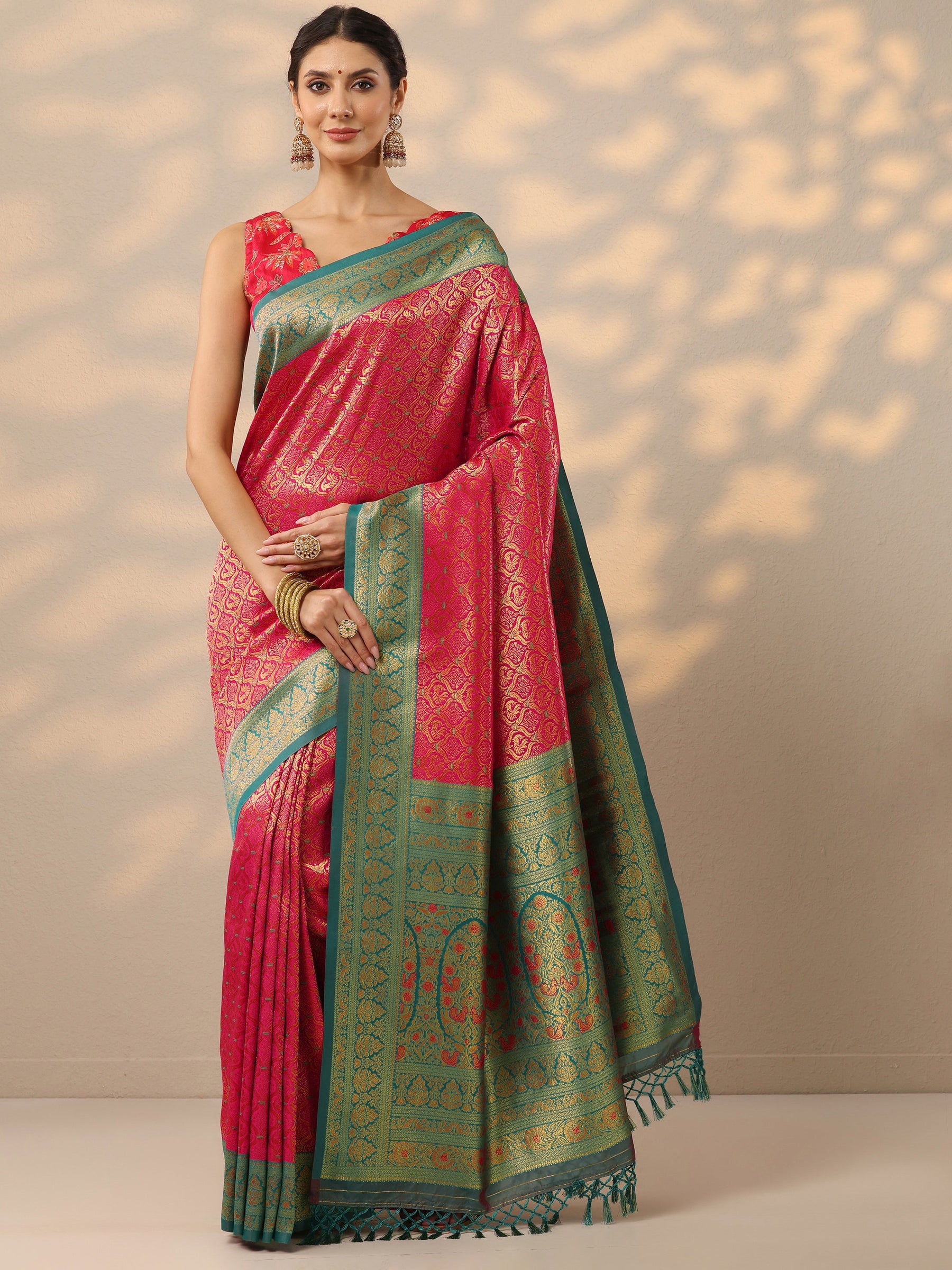 Pink Woven Design Banarasi Silk Blend Saree With Unstitched Blouse Piece