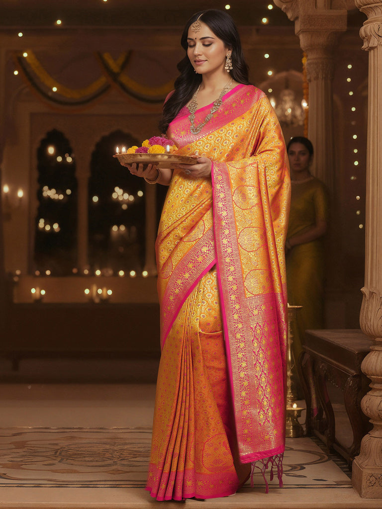 Libas Mustard Woven Design Silk Blend Saree With Unstitched Blouse Piece