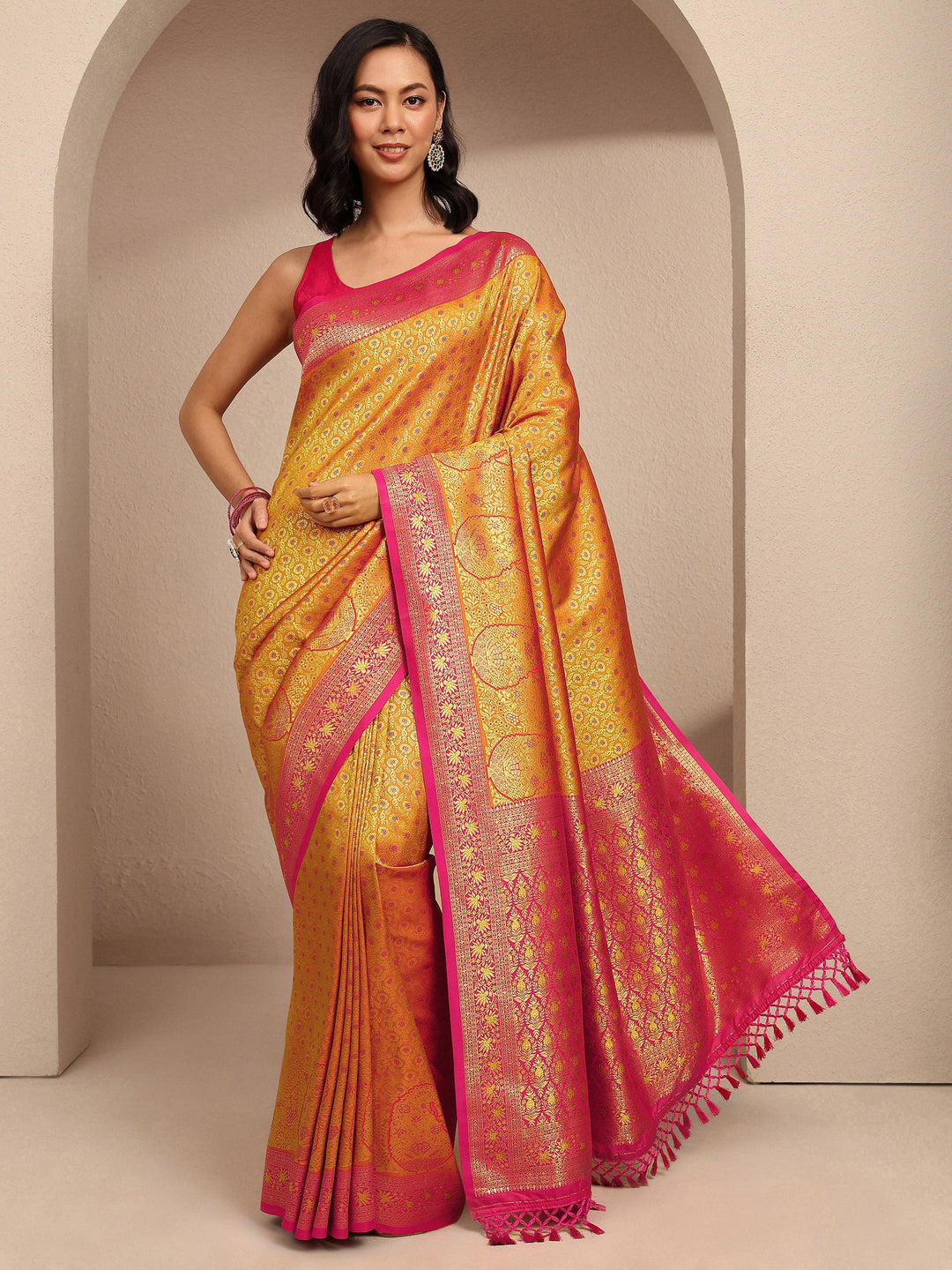  Mustard Woven Design Silk Blend Saree With Unstitched Blouse Piece 