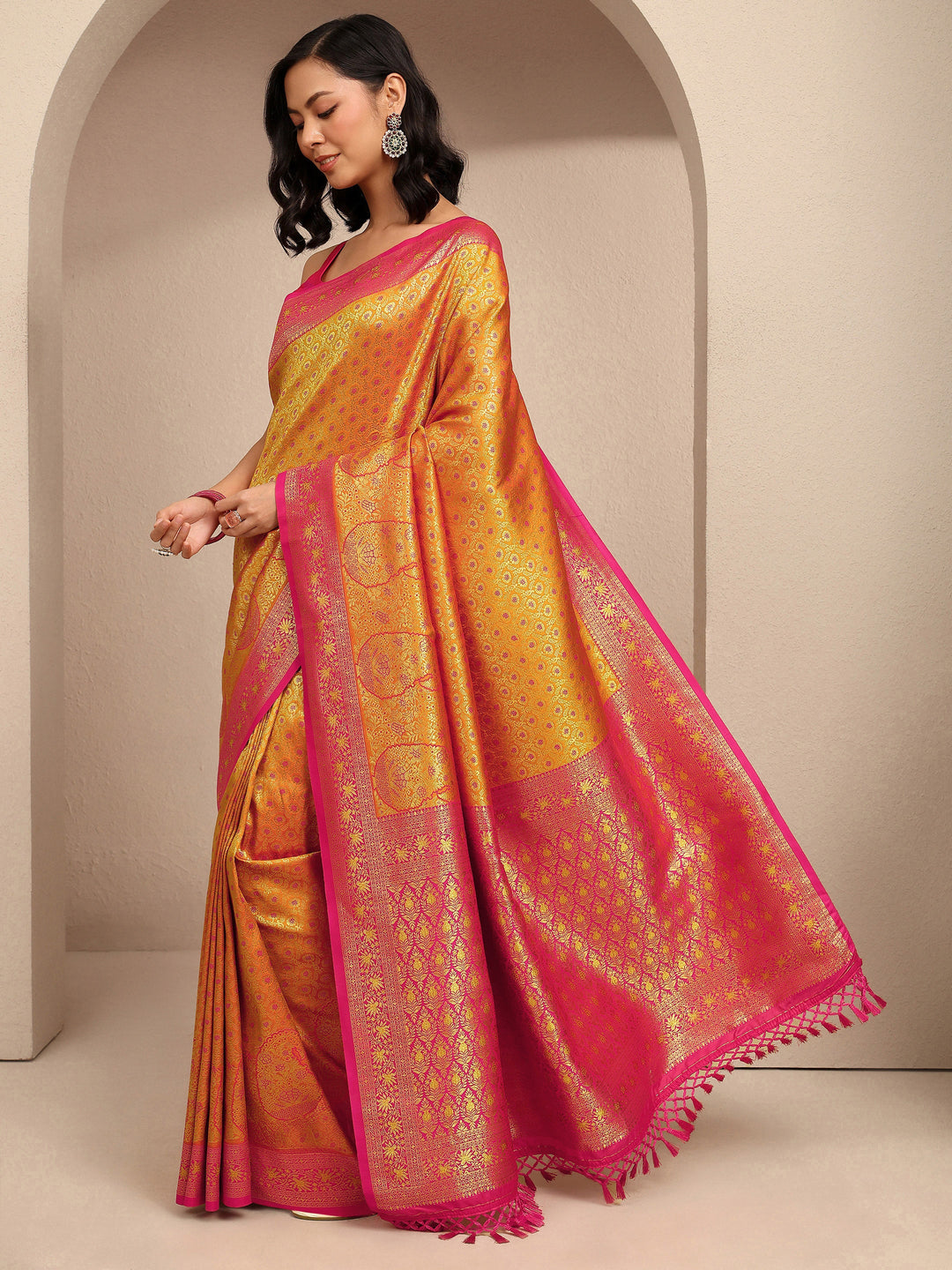 Mustard Woven Design Silk Blend Saree With Unstitched Blouse Piece 