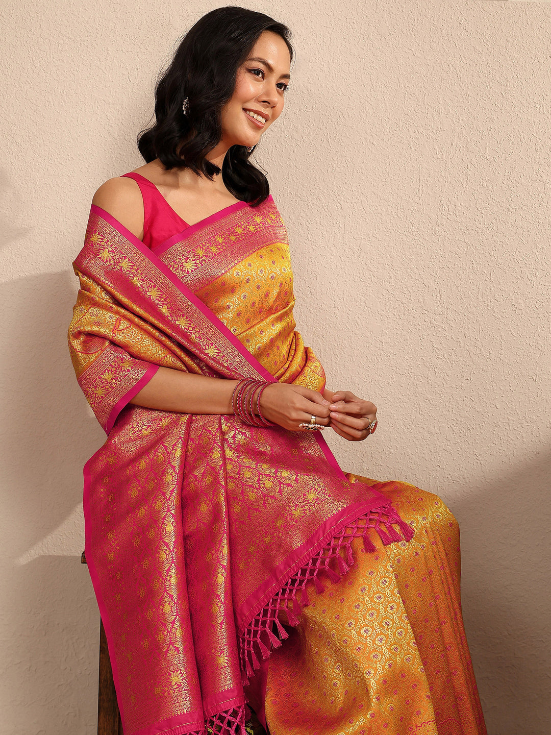  Mustard Woven Design Silk Blend Saree With Unstitched Blouse Piece 