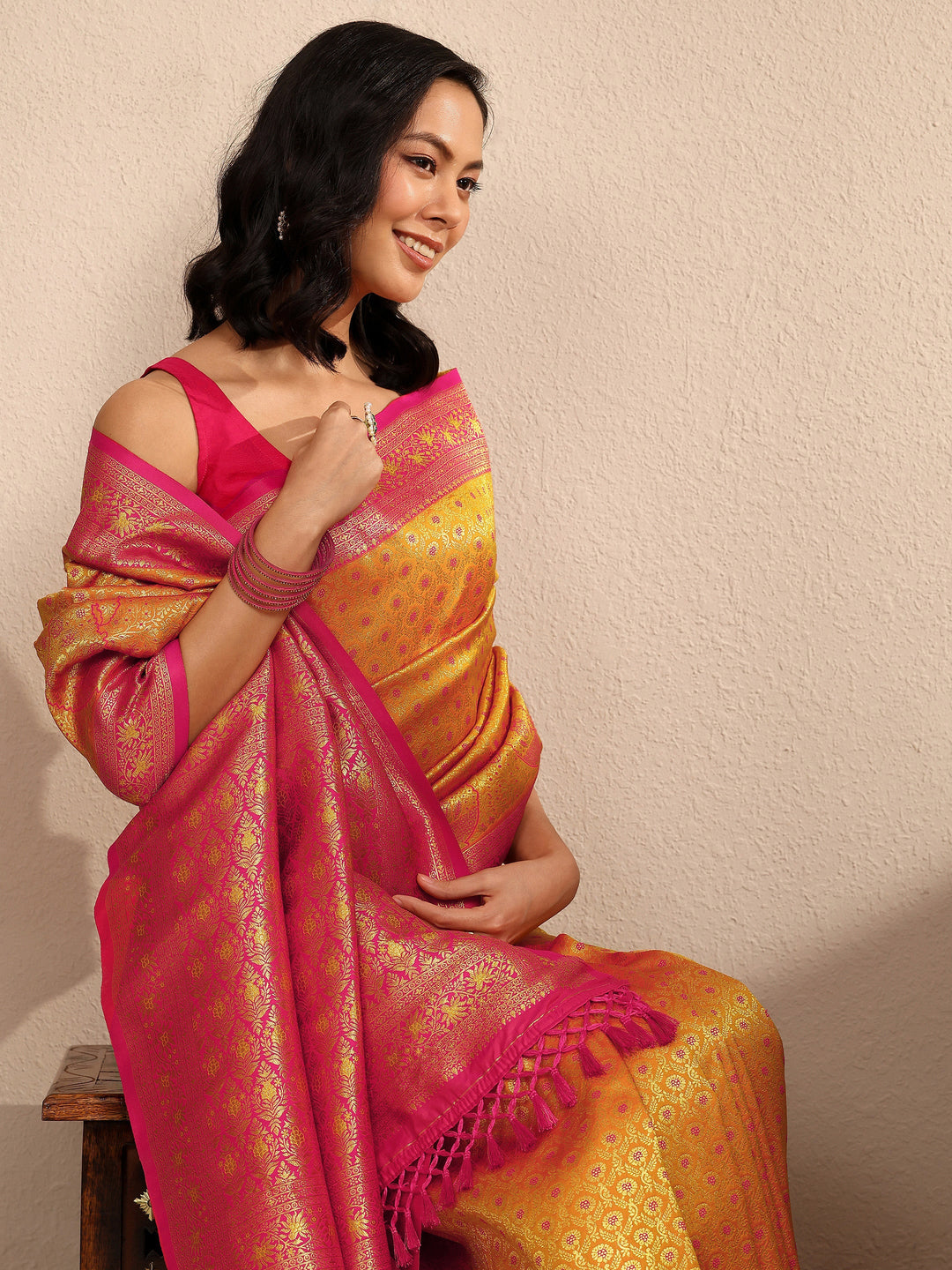  Mustard Woven Design Silk Blend Saree With Unstitched Blouse Piece 