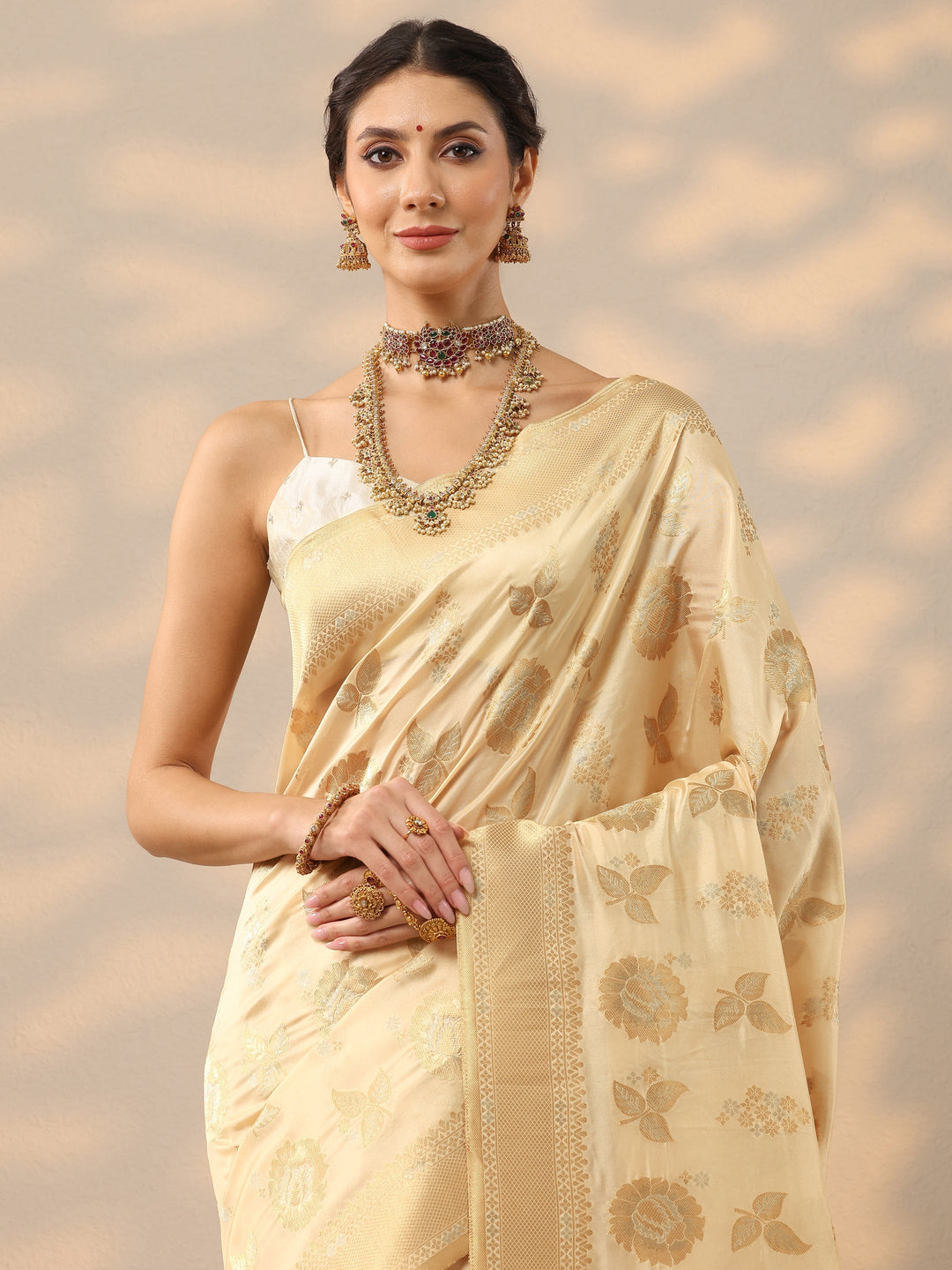  Beige Woven Design Banarasi Silk Blend Saree With Unstitched Blouse Piece 