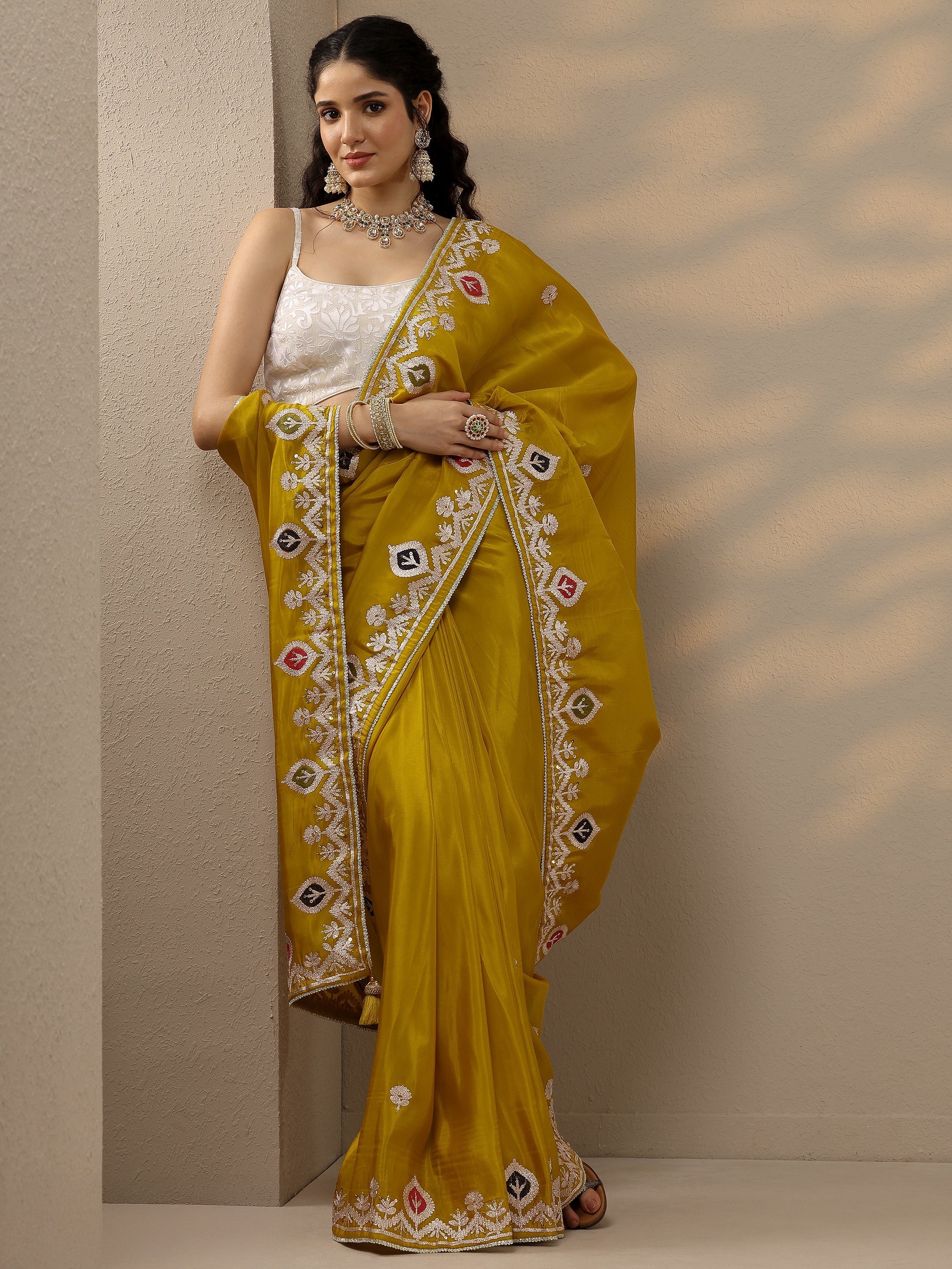 Mustard Embroidered Chinon Saree With Unstitched Blouse Piece-image-32