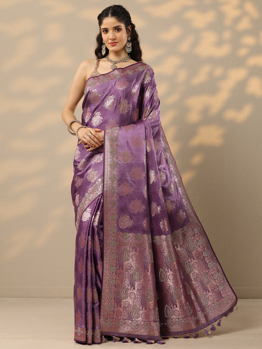  Purple Woven Design Banarasi Silk Blend Saree With Unstitched Blouse Piece 