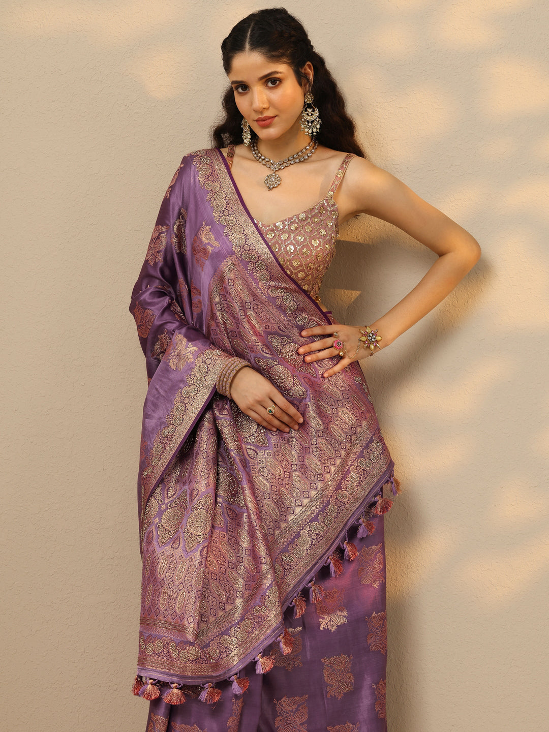 Purple Woven Design Banarasi Silk Blend Saree With Unstitched Blouse Piece