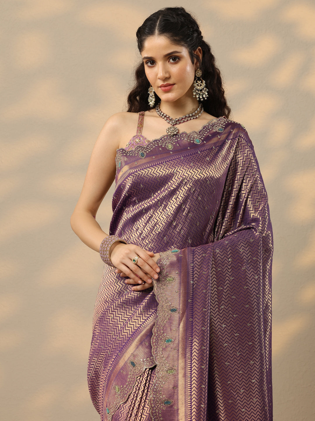 Purple Woven Design Banarasi Silk Blend Saree With Unstitched Blouse Piece
