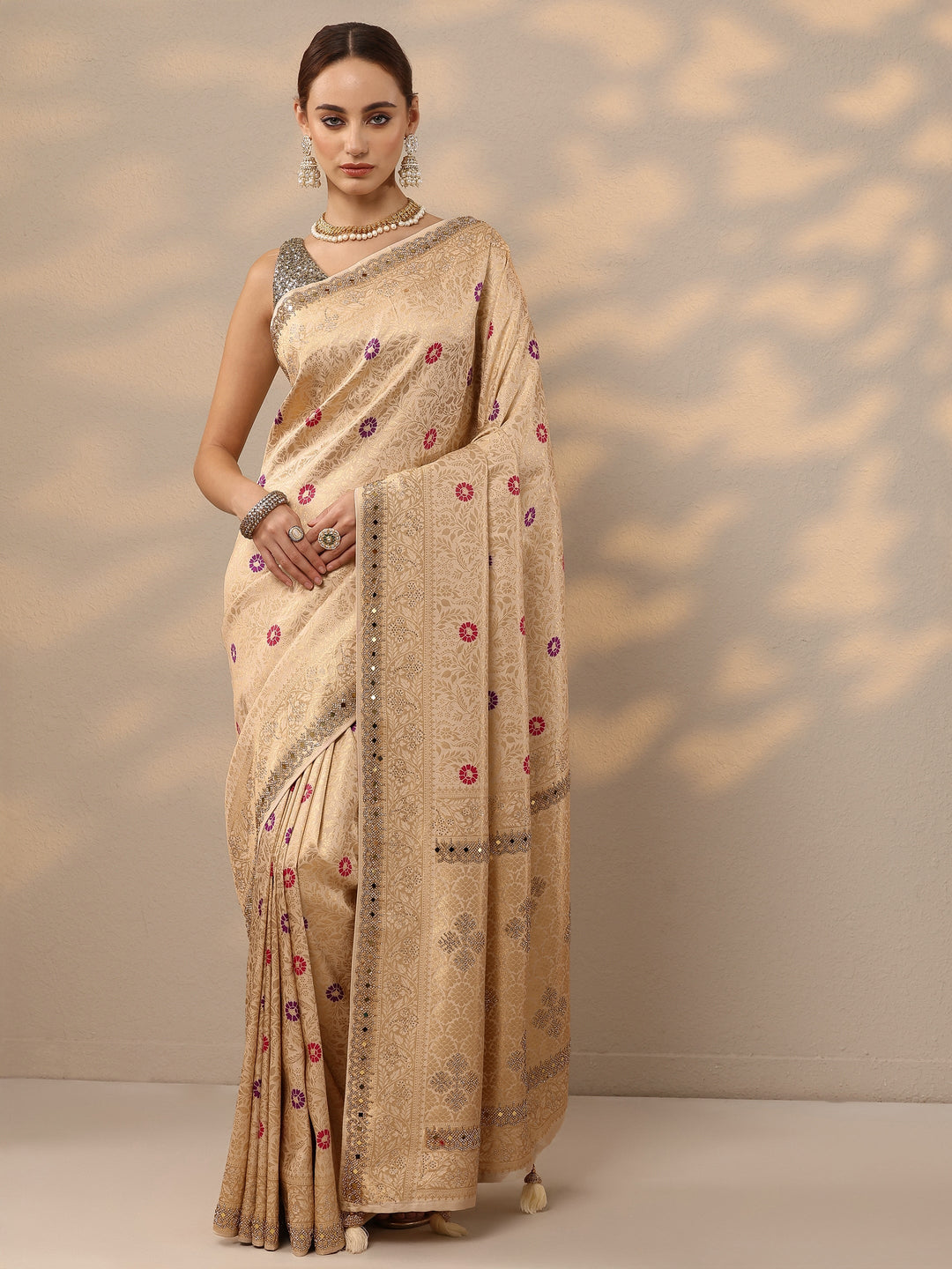  Gold Woven Design Silk Blend Saree With Unstitched Blouse Piece 