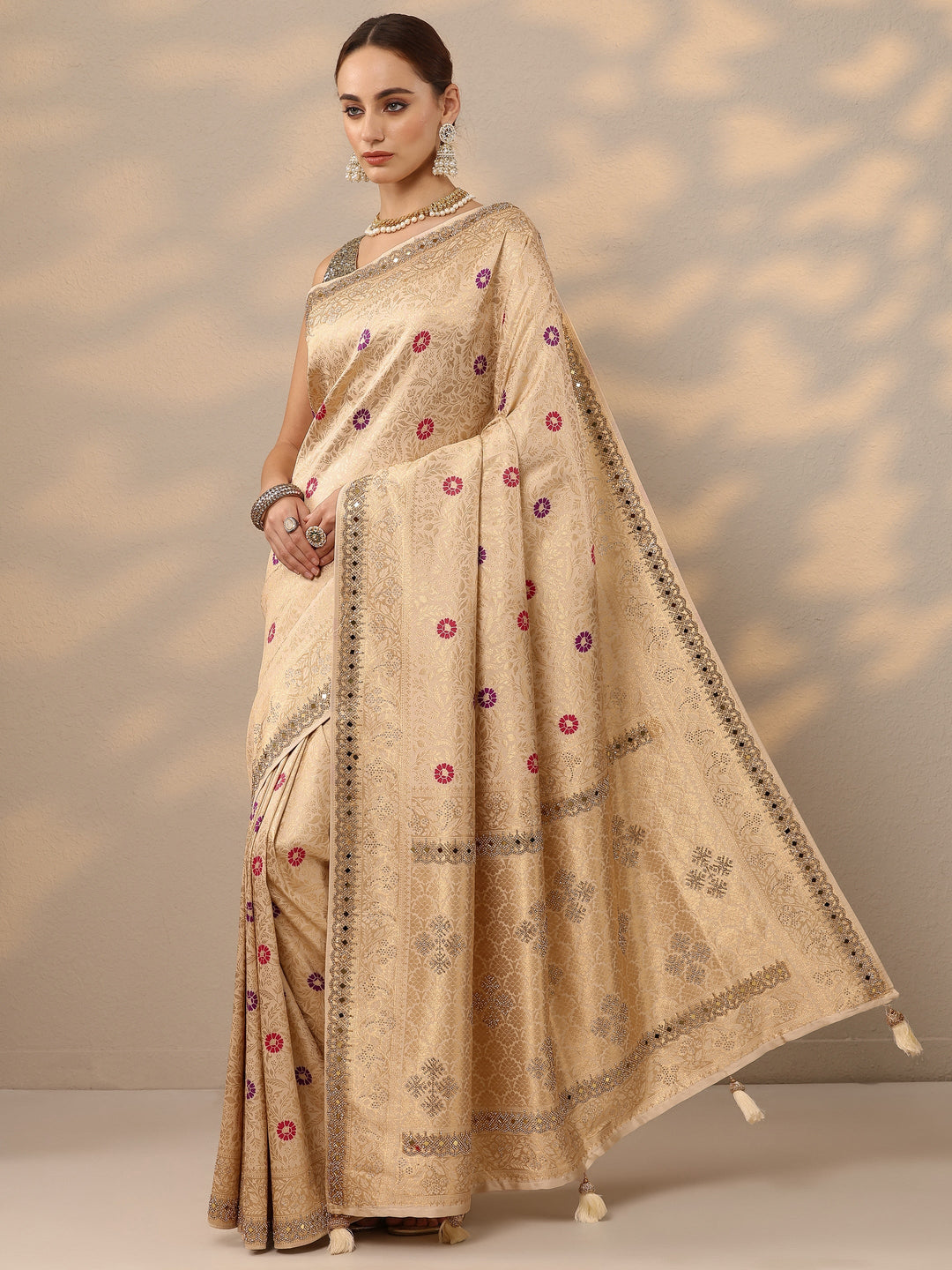  Gold Woven Design Silk Blend Saree With Unstitched Blouse Piece 