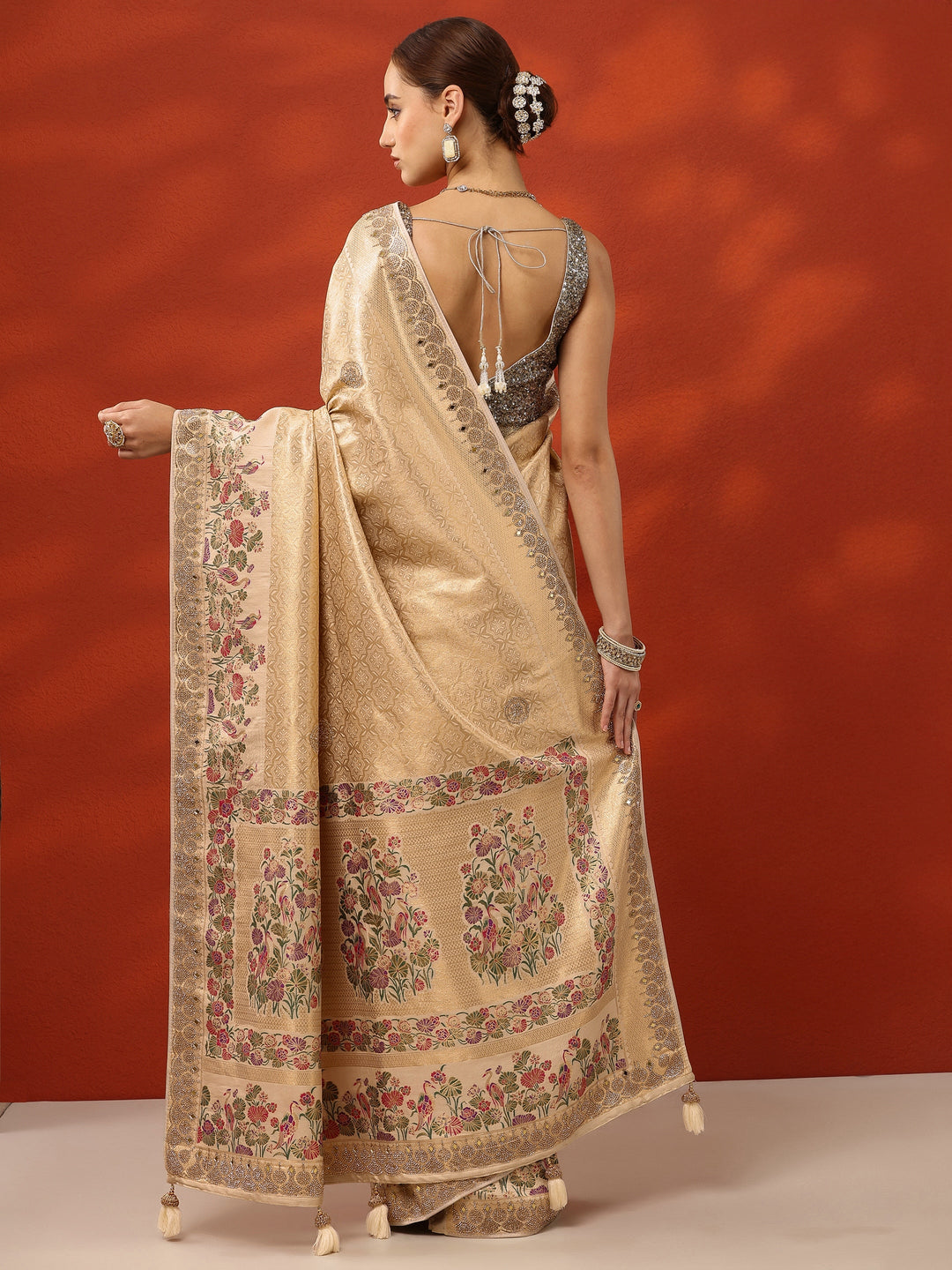  Gold Woven Design Banarasi Silk Blend Saree With Unstitched Blouse Piece 
