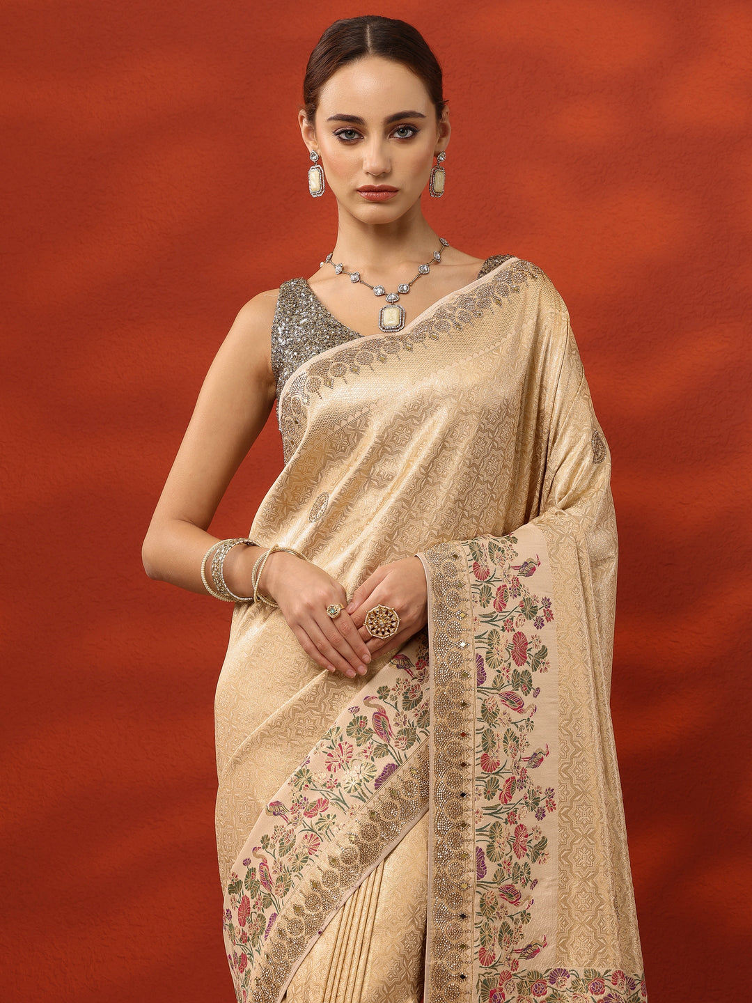  Gold Woven Design Banarasi Silk Blend Saree With Unstitched Blouse Piece 