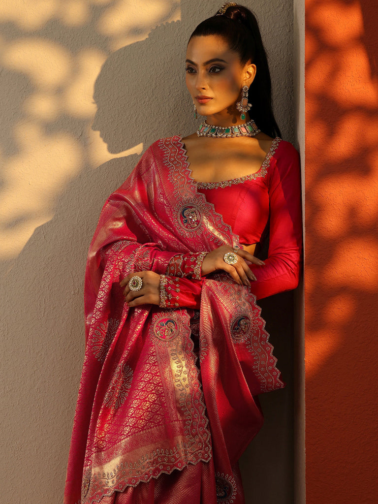 Libas Pink Embellished Banarasi Silk Blend Saree With Unstitched Blouse Piece